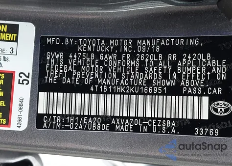 2019 Toyota Camry Se z USA, uszkodzony, nr VIN 4T1B11HK2KU166951